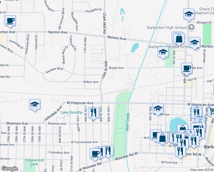 map of restaurants, bars, coffee shops, grocery stores, and more near in Barberton
