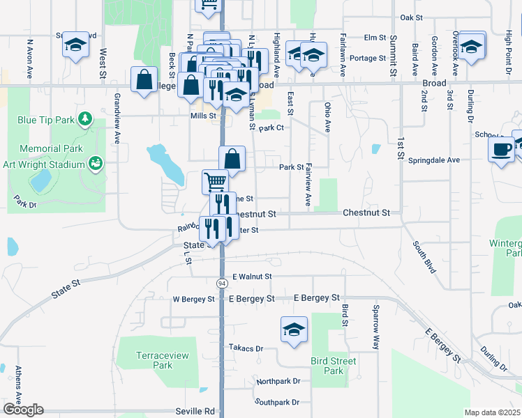 map of restaurants, bars, coffee shops, grocery stores, and more near 327 South Lyman Street in Wadsworth
