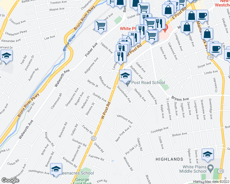 map of restaurants, bars, coffee shops, grocery stores, and more near 14 Soundview Avenue in White Plains