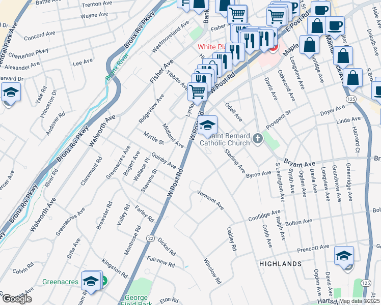 map of restaurants, bars, coffee shops, grocery stores, and more near 14 Soundview Avenue in White Plains