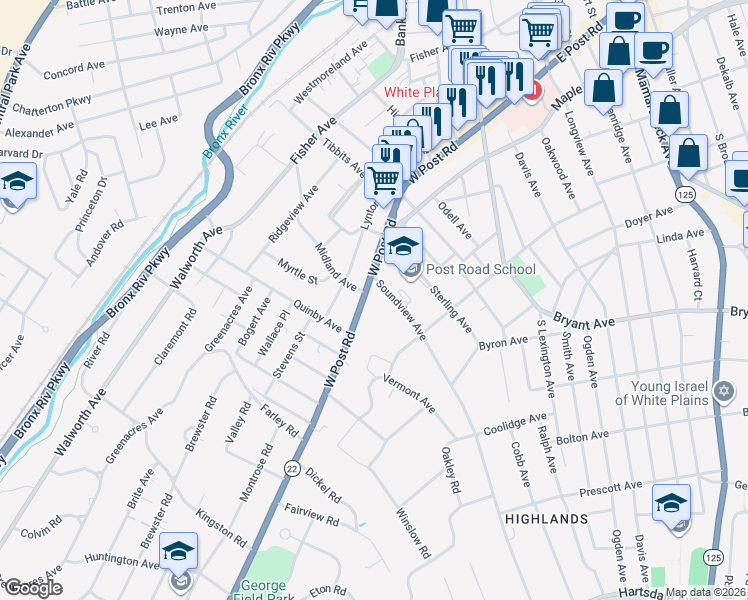 map of restaurants, bars, coffee shops, grocery stores, and more near 14 Soundview Avenue in White Plains