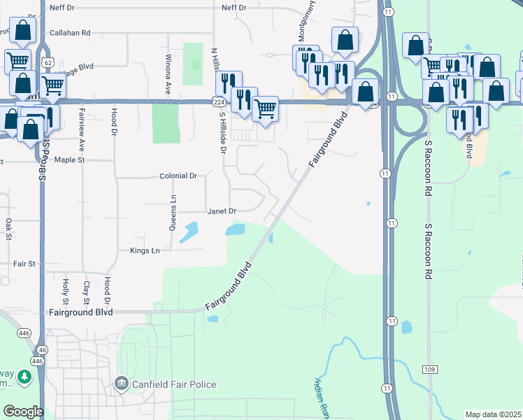 map of restaurants, bars, coffee shops, grocery stores, and more near 6859 County Road 273 in Canfield