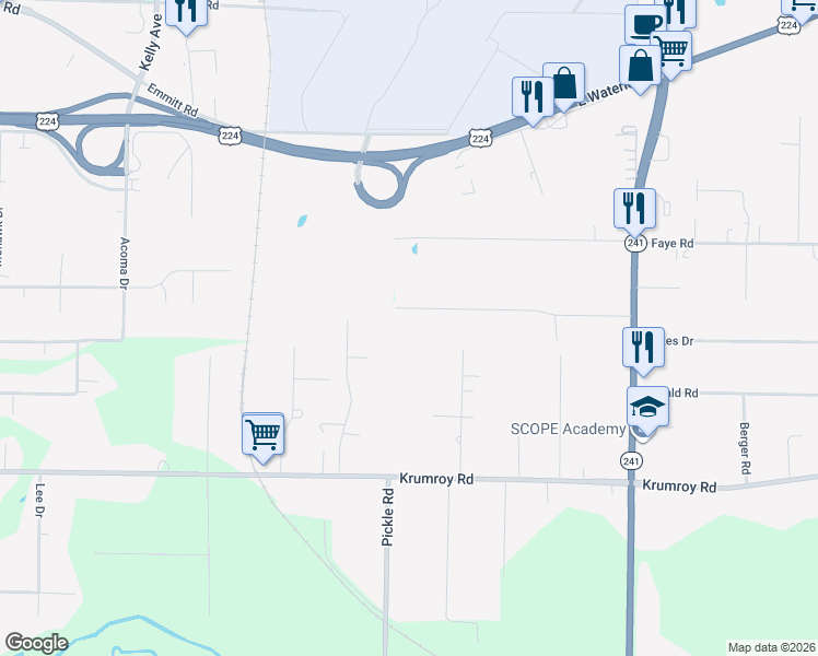 map of restaurants, bars, coffee shops, grocery stores, and more near 1566 Woods Road in Akron