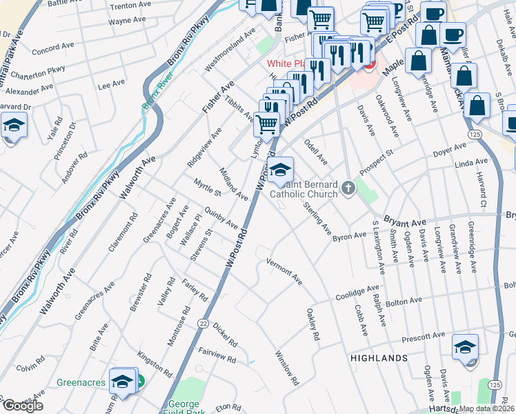 map of restaurants, bars, coffee shops, grocery stores, and more near 205 West Post Road in White Plains