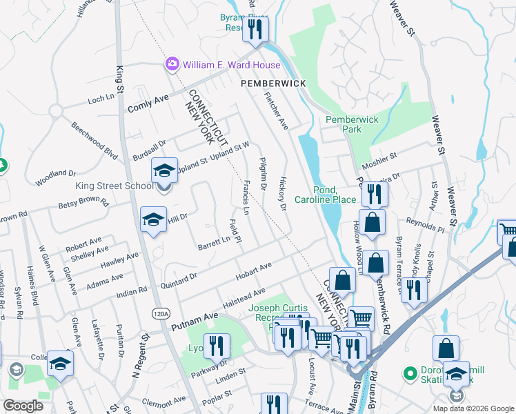 map of restaurants, bars, coffee shops, grocery stores, and more near 22 Pilgrim Drive in Greenwich