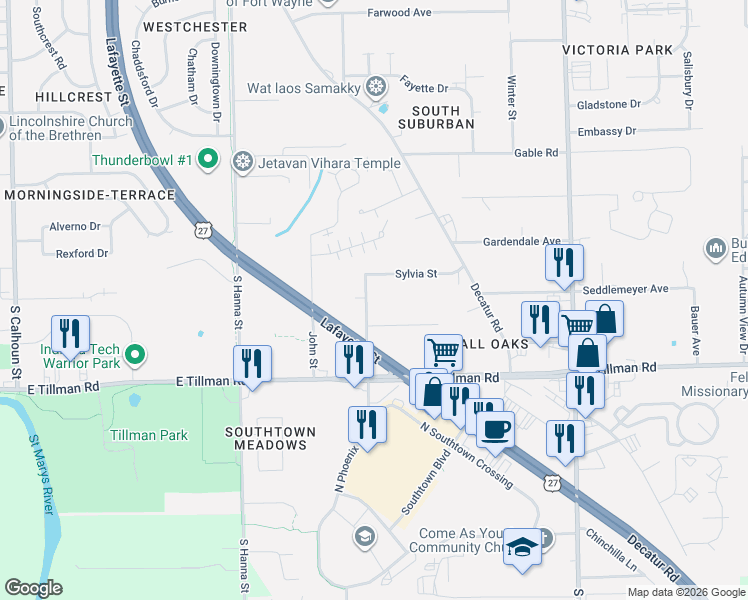 map of restaurants, bars, coffee shops, grocery stores, and more near 1112 Sylvia St in Fort Wayne