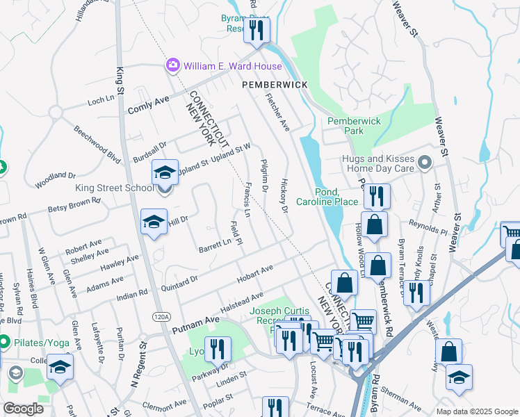 map of restaurants, bars, coffee shops, grocery stores, and more near 22 Pilgrim Drive in Greenwich