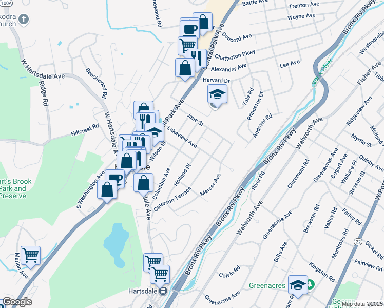 map of restaurants, bars, coffee shops, grocery stores, and more near 2 Maple Street in Hartsdale
