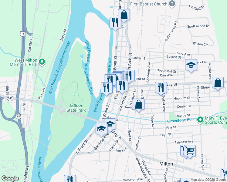 map of restaurants, bars, coffee shops, grocery stores, and more near 2-20 North Front Street in Milton