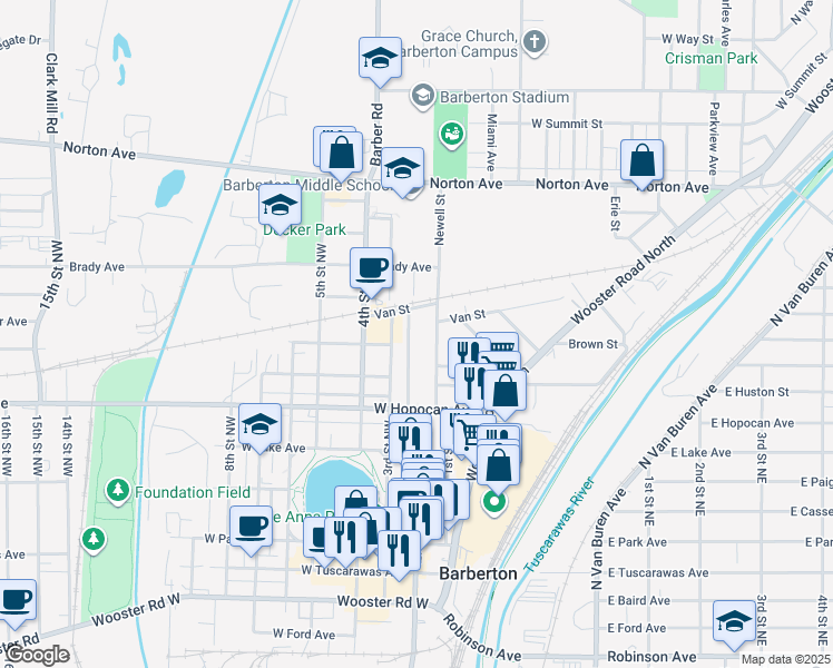 map of restaurants, bars, coffee shops, grocery stores, and more near 365 Wunderlich Avenue in Barberton