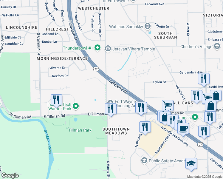 map of restaurants, bars, coffee shops, grocery stores, and more near 7001-7037 South Hanna Street in Fort Wayne