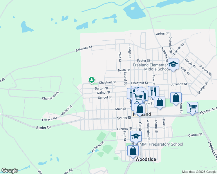 map of restaurants, bars, coffee shops, grocery stores, and more near 947 Chestnut Street in Freeland