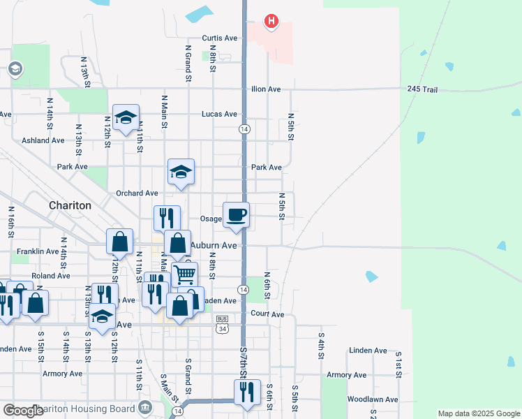 map of restaurants, bars, coffee shops, grocery stores, and more near 528 North 7th Street in Chariton