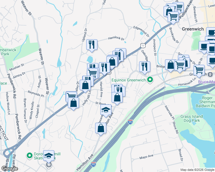 map of restaurants, bars, coffee shops, grocery stores, and more near 460 West Putnam Avenue in Greenwich