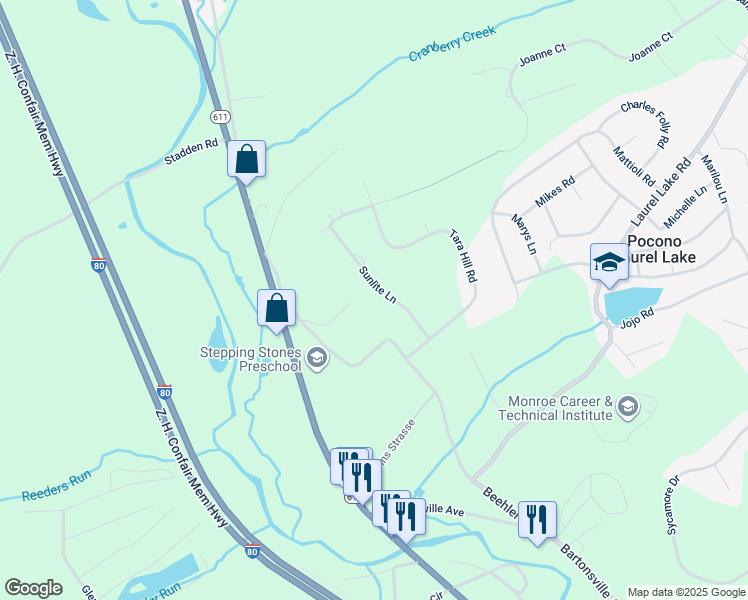 map of restaurants, bars, coffee shops, grocery stores, and more near 609 Sunlite Lane in Stroudsburg