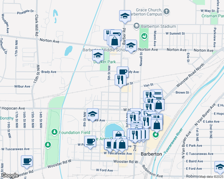 map of restaurants, bars, coffee shops, grocery stores, and more near 572 Rubber Street in Barberton