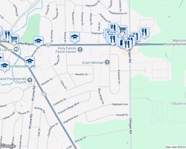 map of restaurants, bars, coffee shops, grocery stores, and more near 299 Nesbitt Street in Poland