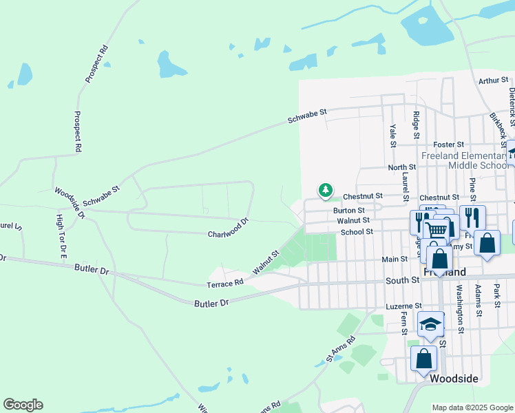 map of restaurants, bars, coffee shops, grocery stores, and more near 100 Charlwood Drive in Freeland