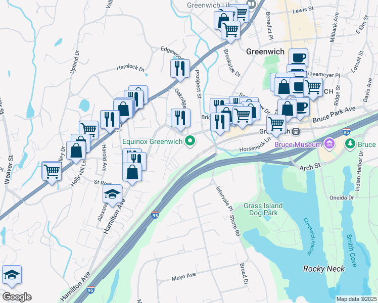 map of restaurants, bars, coffee shops, grocery stores, and more near 16 Old Track Road in Greenwich