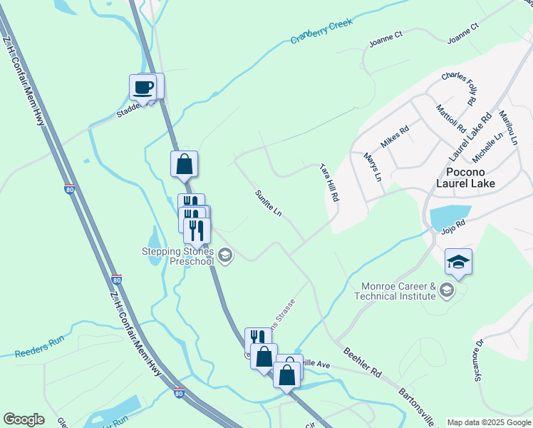 map of restaurants, bars, coffee shops, grocery stores, and more near 609 Sunlite Lane in Stroudsburg