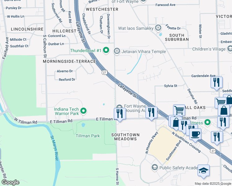 map of restaurants, bars, coffee shops, grocery stores, and more near 7125 South Hanna Street in Fort Wayne