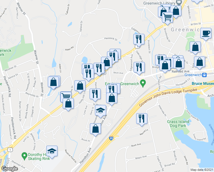 map of restaurants, bars, coffee shops, grocery stores, and more near 21 Melrose Avenue in Greenwich