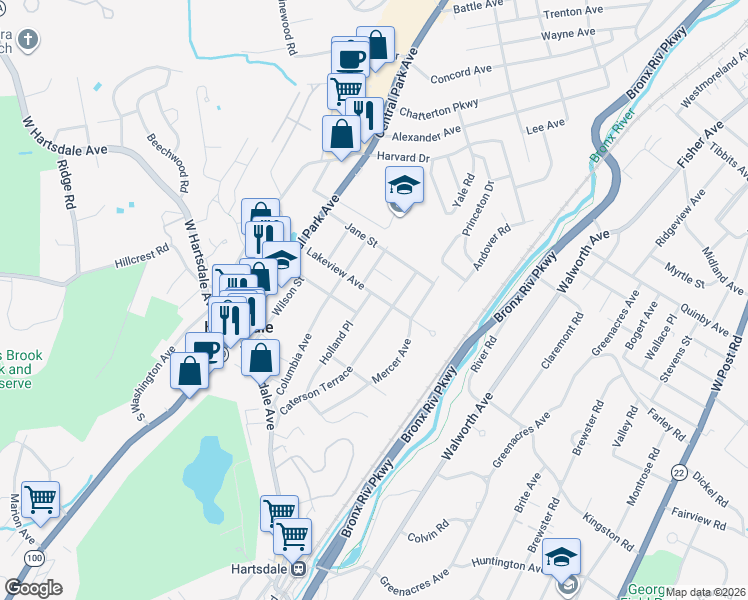map of restaurants, bars, coffee shops, grocery stores, and more near 80 Lakeview Avenue in Hartsdale