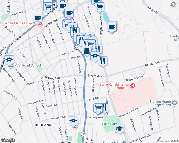 map of restaurants, bars, coffee shops, grocery stores, and more near 90 Bryant Avenue in White Plains