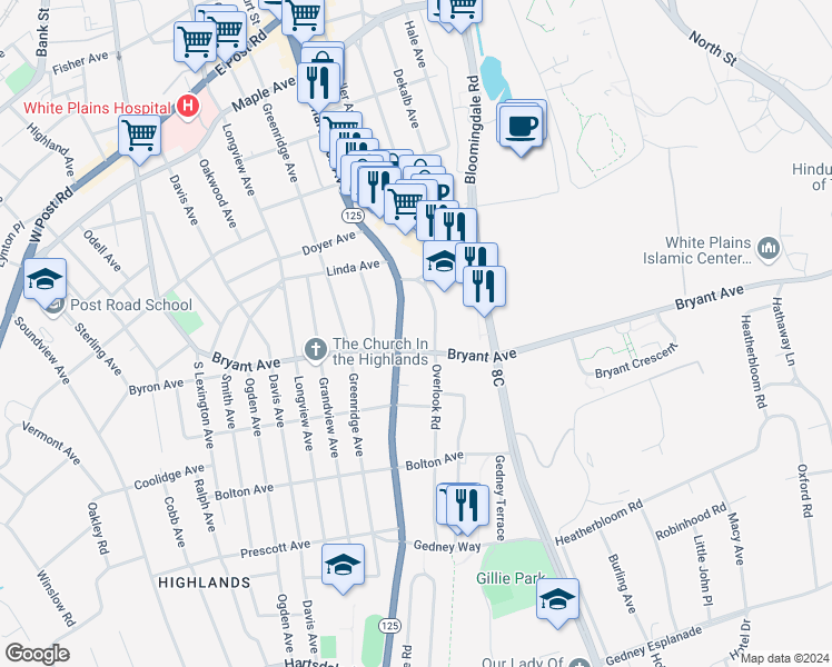 map of restaurants, bars, coffee shops, grocery stores, and more near 14 Nosband Avenue in White Plains