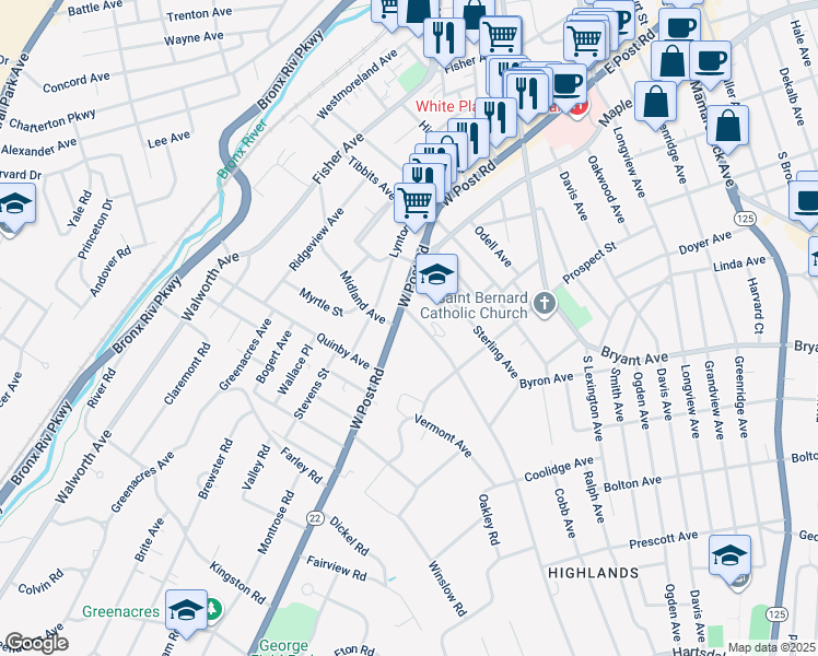 map of restaurants, bars, coffee shops, grocery stores, and more near 180 West Post Road in White Plains