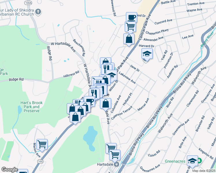 map of restaurants, bars, coffee shops, grocery stores, and more near 57 North Central Avenue in Hartsdale