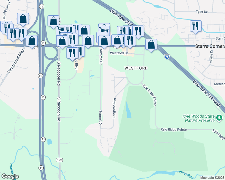 map of restaurants, bars, coffee shops, grocery stores, and more near 6781 Summit Drive in Canfield