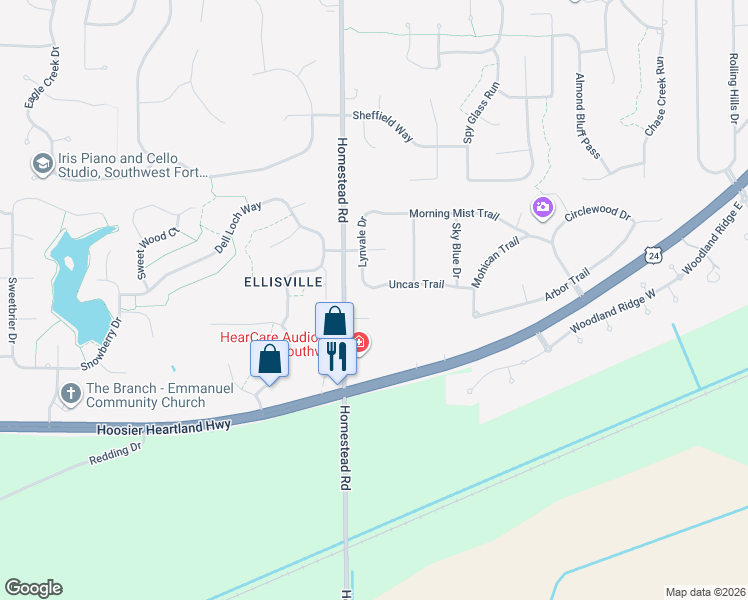map of restaurants, bars, coffee shops, grocery stores, and more near 10812 Uncas Trail in Fort Wayne