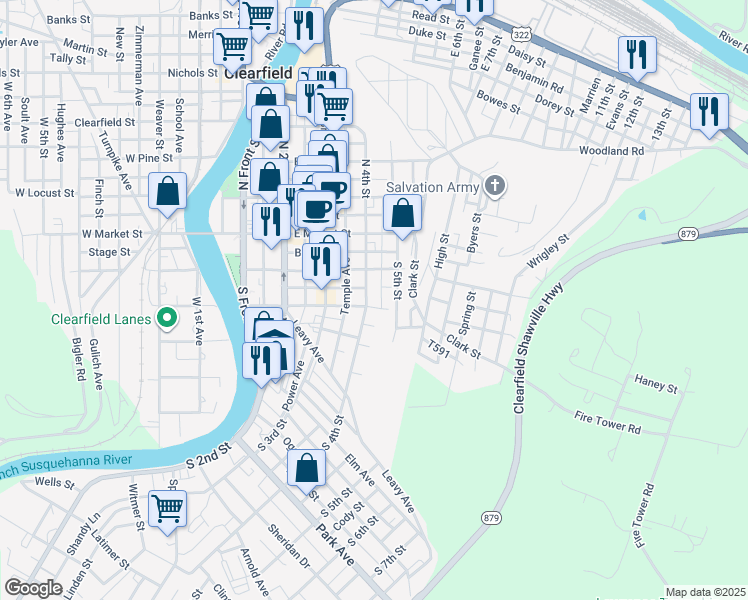 map of restaurants, bars, coffee shops, grocery stores, and more near 121 Ulerich Ave in Clearfield