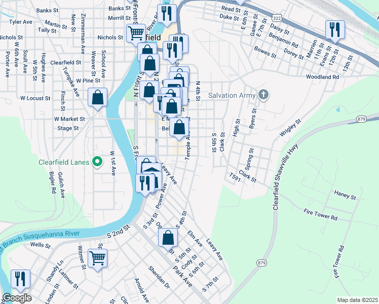 map of restaurants, bars, coffee shops, grocery stores, and more near 314 East Walnut Street in Clearfield