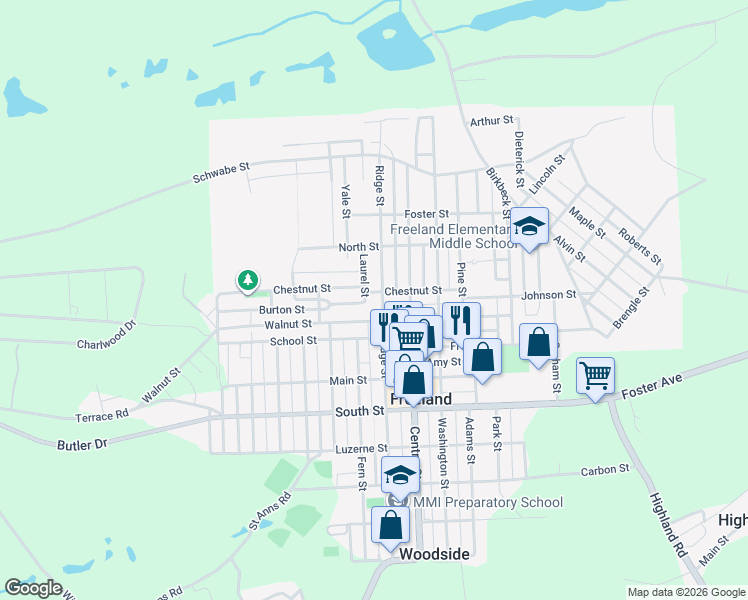 map of restaurants, bars, coffee shops, grocery stores, and more near 912-914 Centre Street in Freeland