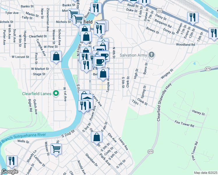 map of restaurants, bars, coffee shops, grocery stores, and more near 314 East Walnut Street in Clearfield