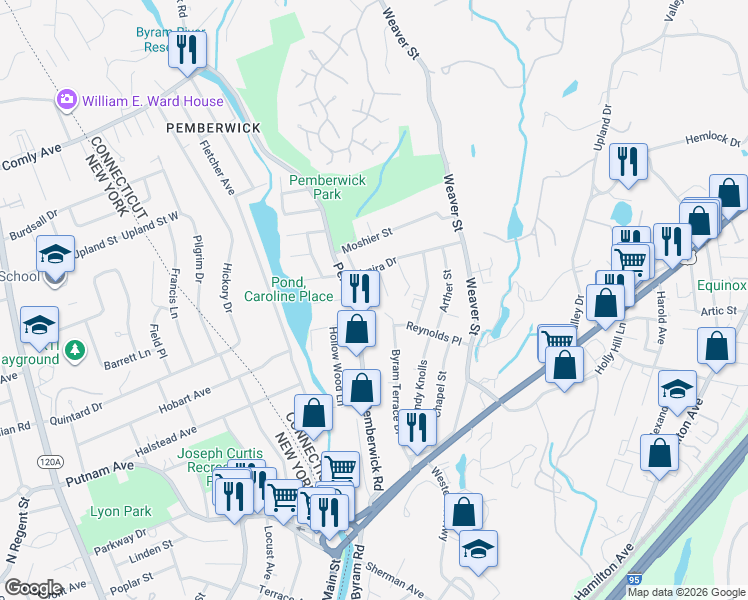 map of restaurants, bars, coffee shops, grocery stores, and more near 17 Green Lane in Greenwich