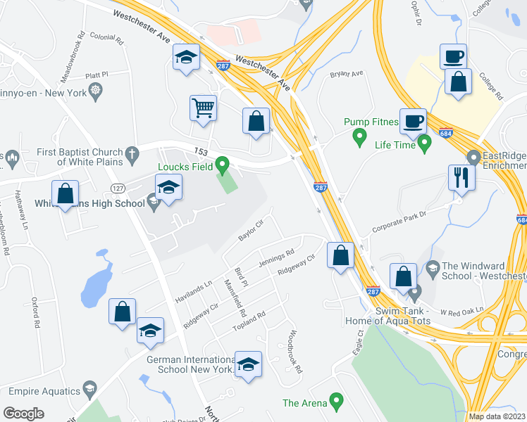 map of restaurants, bars, coffee shops, grocery stores, and more near 25A Baylor Circle in White Plains