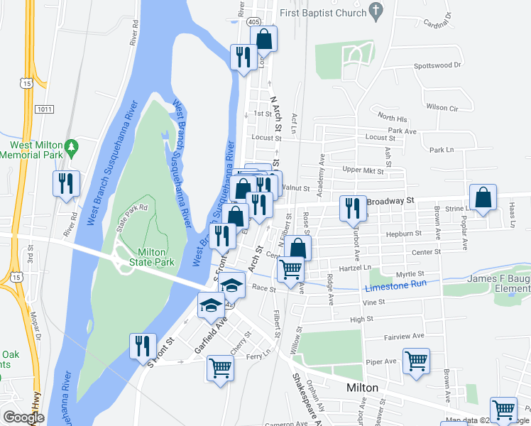 map of restaurants, bars, coffee shops, grocery stores, and more near 41 Broadway Street in Milton