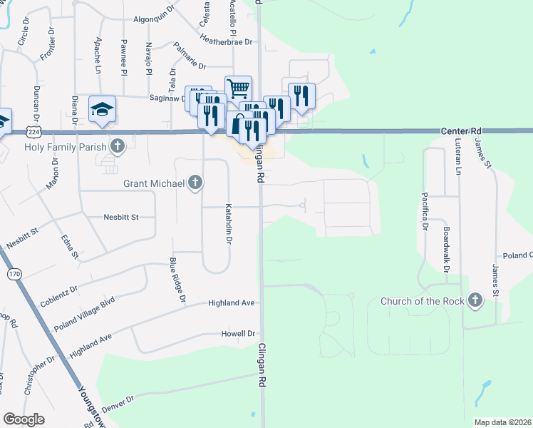 map of restaurants, bars, coffee shops, grocery stores, and more near 6695 Clingan Road in Youngstown