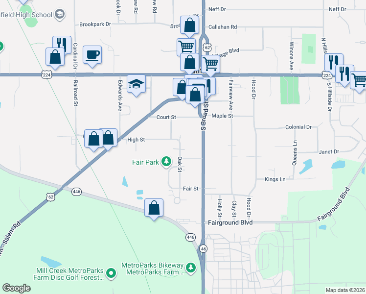 map of restaurants, bars, coffee shops, grocery stores, and more near 66 High Street in Canfield