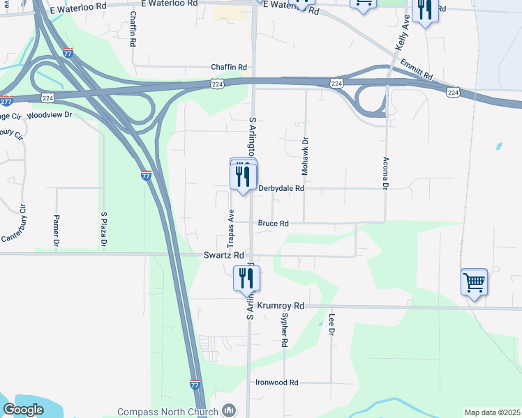 map of restaurants, bars, coffee shops, grocery stores, and more near 1812 Anton Drive in Akron