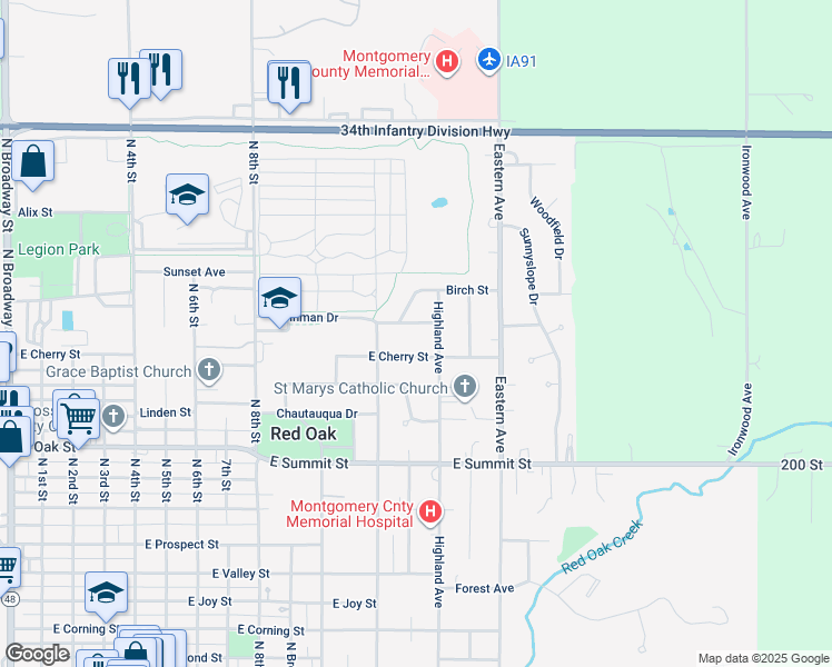 map of restaurants, bars, coffee shops, grocery stores, and more near 1207 Inman Drive in Red Oak