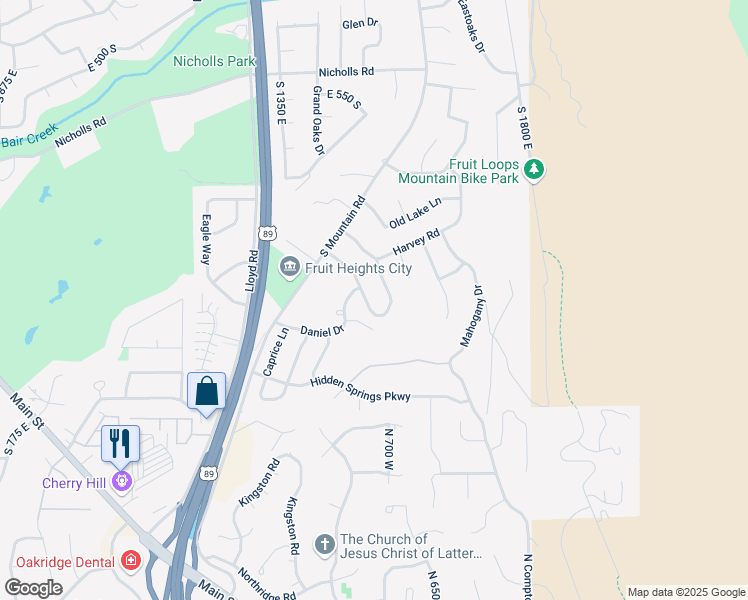 map of restaurants, bars, coffee shops, grocery stores, and more near 1553 James Drive in Fruit Heights