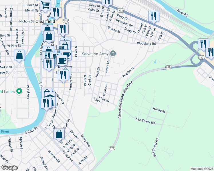 map of restaurants, bars, coffee shops, grocery stores, and more near 124 Hill Street in Clearfield