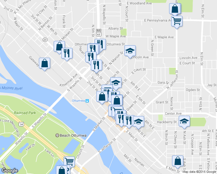 map of restaurants, bars, coffee shops, grocery stores, and more near 298 4th Street West in Ottumwa