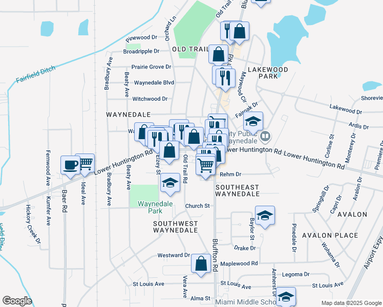 map of restaurants, bars, coffee shops, grocery stores, and more near 2500 Lower Huntington Road in Fort Wayne