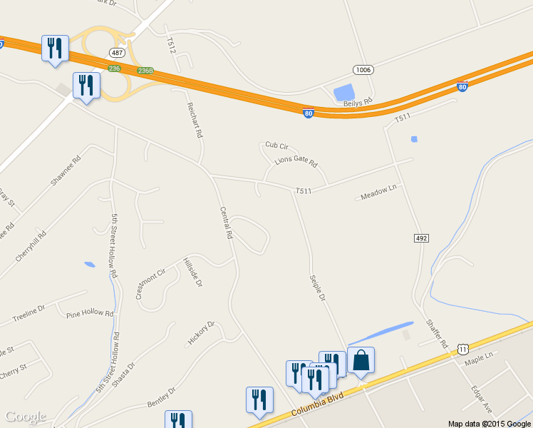 map of restaurants, bars, coffee shops, grocery stores, and more near Cythia Estates in Bloomsburg