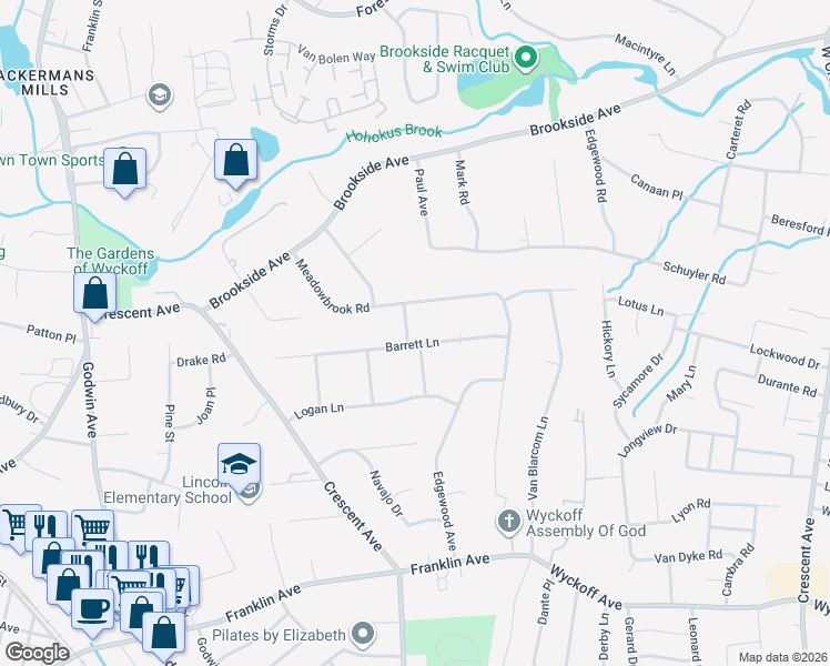 map of restaurants, bars, coffee shops, grocery stores, and more near 319 Meadowbrook Road in Wyckoff